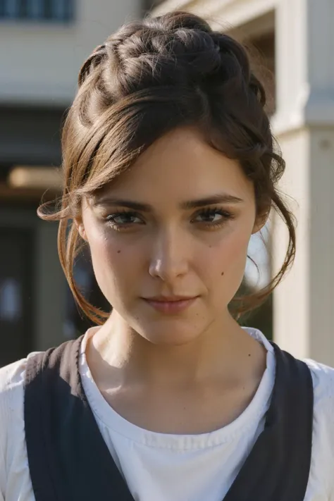 a close up of a woman with a white shirt and a black vest