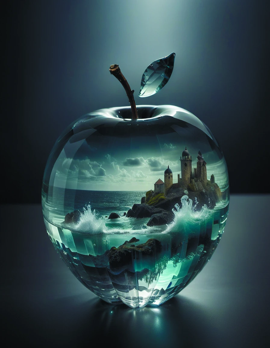 lovely double exposure image. The sea should serve as the underlying backdrop,with its details subtly incorporated into the glossy glass apple,sharp focus,double exposure,glossy glass apple,(translucent glass figure of an apple) (sea inside) lifeless,dead,glass apple,earthy colors,decadence,intricate design,hyper realistic,high definition,extremely detailed,dark softbox image,raytracing,cinematic,HDR,by diegocr,photorealistic (double exposure:1. 1),<lora:add-detail-xl:1.6>,DonMn1ghtm4reXL <lora:DonMn1ghtm4reXL:0.8>,<lora:Double_Exposure:0.7>,<lora:f412glassXL:0.6>,crystalz <lora:crystalz-sdxl:0.5>