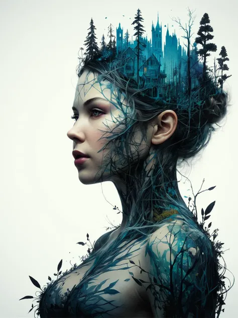 double exposure, solid white back ground, mysterious silhouette forest woman, bioluminescence , amazing depth, masterwork, surreal, geometric patterns, intricately detailed, bokeh, perfect balanced, deep fine borders, artistic photorealism , smooth, great masterwork by head of prompt engineering <lora:add-detail-xl:2> <lora:Double_Exposure:0.5>