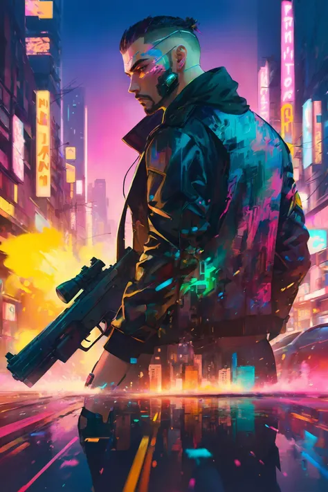 <lora:Double_Exposure:1> double exposure, close-up of cyberpunk city man, neon light, gun fight in the background, <lora:sdxlInkpunkstyle_v01:1> (paint splashes, colorful, outrun, paint texture:1.1) <lora:add-detail-xl:2>