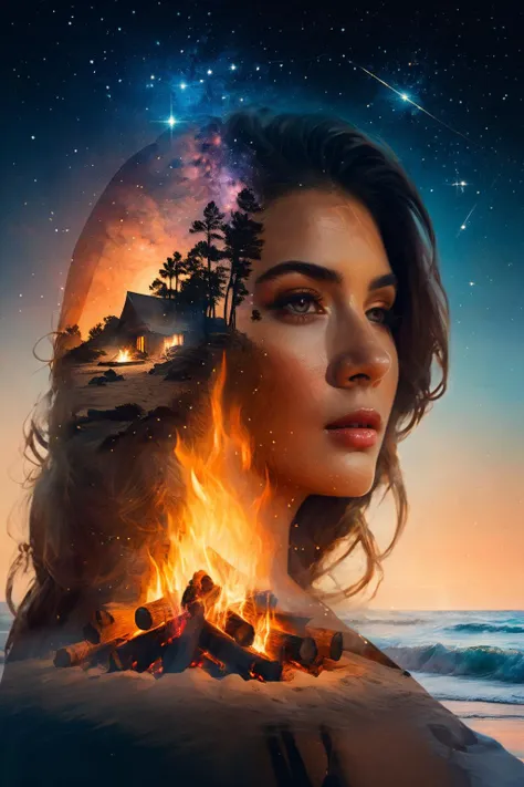 double exposure,<lora:Double_Exposure:1>,
a beautiful masterpiece painting of a female model by juan gimenez,who is missing her boyfriend,the beach,the stars,the campfire,award winning,trending on artstation,