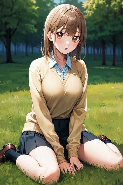 masterpiece, best quality, highres, 1girl, solo, short hair, brown hair, brown eyes, mole, striped necktie, collared shirt, white shirt, short sleeves, pleated skirt, grey skirt, <lora:tachibana_hinata_v1:0.7>, wariza, hand on own chest, sitting, field, grass