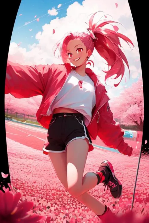 ((nijiv5)),fisheye lens, masterpiece, pink glowing eyes, best quality, 1girl, jumping in a field of red flowers, (petals:1.2), red ponytail, long hair, oversized track jacket, shorts, jewelry, smile, sky, (from below:0.9),
 <lora:Nijiv5.1style:1>