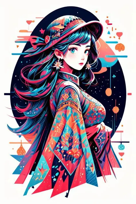 A modern woman with a cool hat, infographic, aurora borealis, magical bubbles, vivid colors, intricate details, intricate design, , masterpiece, high quality, ultra detailed, OverallDetail, (embossed, drop shadow), best quality,