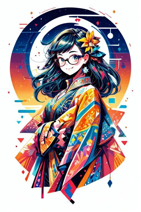 A cute trendy girl with glasses, grinning, happy infographic, aurora borealis, magical bubbles, vivid colors, intricate details, intricate design, , masterpiece, high quality, ultra detailed, OverallDetail, (embossed, drop shadow), best quality,