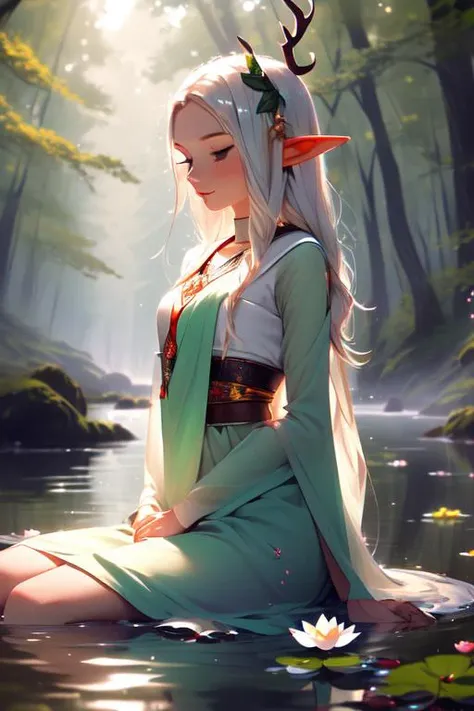 nijiv5, (masterpiece, best quality), 1girl, elf, misty forest, sitting, in water, waterfall, deer antlers, lotus, looking away, blurry foreground, sunlight, bokeh,
 <lora:Nijiv5.1style:1>