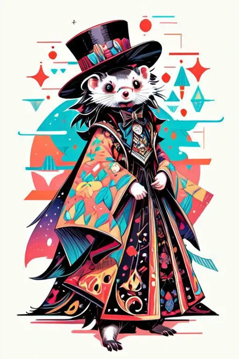 A cute ferret with a tophat, infographic, aurora borealis, magical bubbles,  vivid colors, intricate details, intricate design, , masterpiece, high quality, ultra detailed, OverallDetail, embossed, drop shadow, best quality,