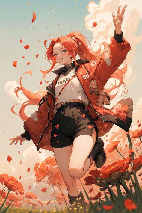 ((nijiv5)),fisheye lens, masterpiece, best quality, 1girl, detailed blue eyes, jumping in a field of red flowers, (petals:1.2), red ponytail, long hair, oversized track jacket, shorts, jewelry, smile, sky, (from below:0.9),  <lyco:Nijiv5.1style:1.0>