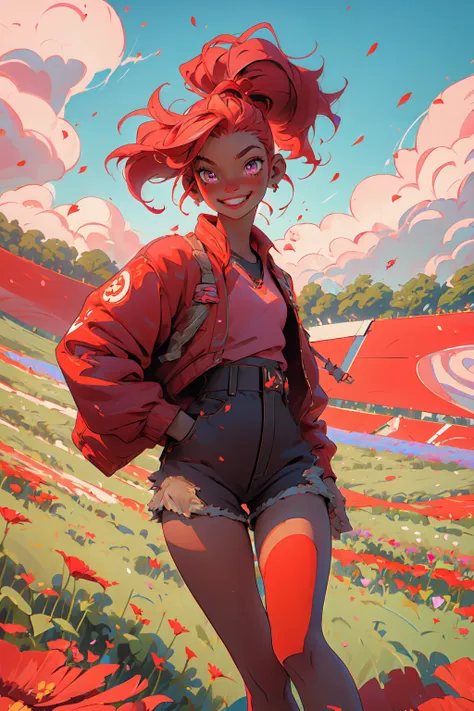 ((nijiv5)),fisheye lens, masterpiece, pink glowing eyes, best quality, 1girl, jumping in a field of red flowers, (petals:1.2), red ponytail, long hair, oversized track jacket, shorts, jewelry, smile, sky, (from below:0.9),  <lyco:Nijiv5.1style:1.0>