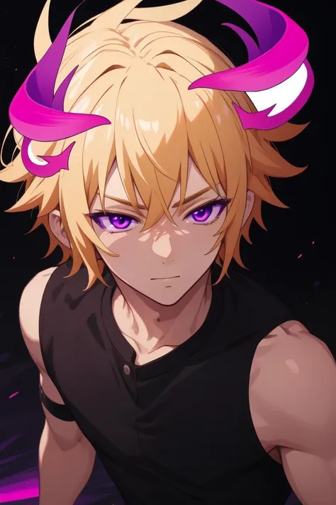 Masterpiece, best quality, highres, ultra-detailed, Lucifer, blonde hair, purple eyes, neon pink horns, male focus, topless male, walking, <lora:Luci:0.6>,