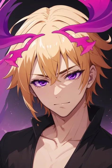 Masterpiece, best quality, highres, ultra-detailed, Lucifer, blonde hair, purple eyes, neon pink horns, male focus, topless male, six black wings, <lora:Luci:0.6>,