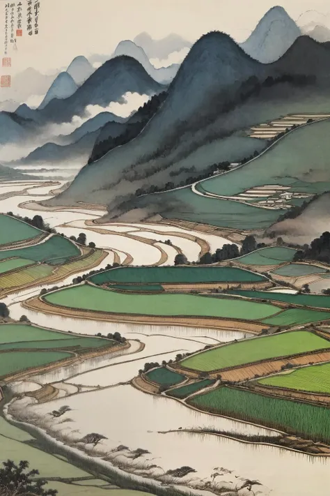zhang daqian, vietnamese rice paddies, farming, hills, scenery, traditional media, outdoors, traditional ink painting, painting \(medium\), intricate details, masterpiece, best quality, high quality, extremely detailed<lora:Zhang Daqian>