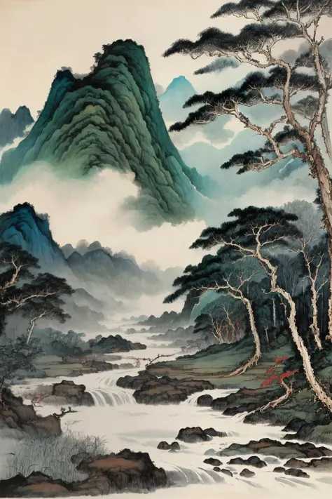 zhang daqian, amazon rainforest, jungle, mist, lush, scenery, traditional media, outdoors, traditional ink painting, painting \(medium\), intricate details, masterpiece, best quality, high quality, extremely detailed<lora:Zhang Daqian>