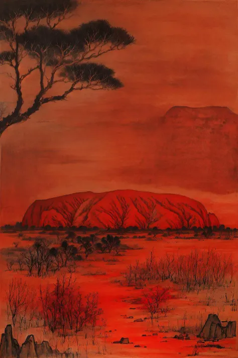 zhang daqian, no humans, scenery, uluru, outback australia, red and orange theme, traditional media, outdoors, nature, traditional ink painting, painting \(medium\), intricate details, masterpiece, best quality, high quality, extremely detailed<lora:Zhang Daqian>