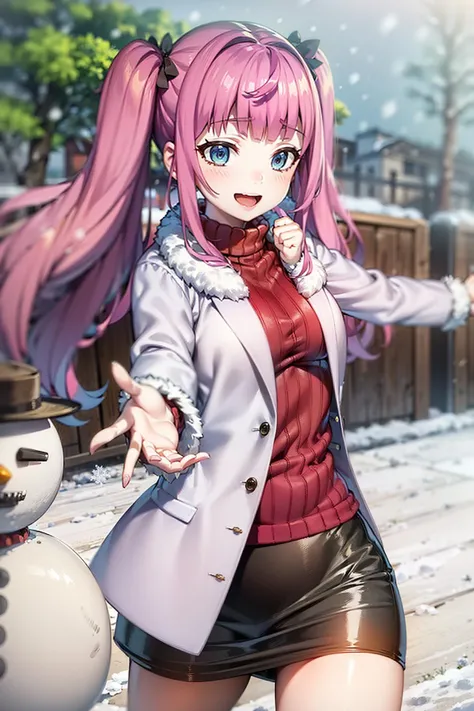 anya_olis, 1girl, solo, pink hair, long hair, twintails, hair bow, blue eyes, open coat, fur-trimmed coat, turtleneck sweater, pencil skirt, open mouth, smile, :d, running, outstretched arms
BREAK
(snowing, snow, snowman, winter:1.3), bare tree
<lora:Anya_TsukiToLaikaToNosferatu_v1:1>