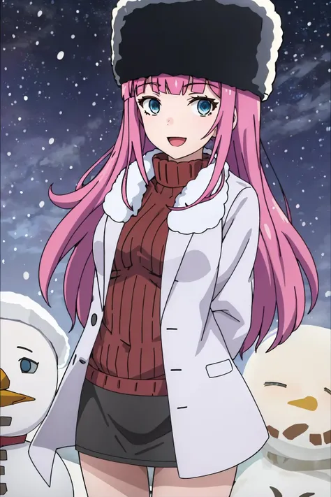 anime screencap, anya_olis, 1girl, solo, pink hair, long hair, fur hat, blue eyes, fur-trimmed coat, open coat, turtleneck sweater, pencil skirt, looking at viewer, open mouth, smile, arms behind back
BREAK
(snowing, snow, blizzard, snowman, winter:1.3), bare tree
BREAK
night, night sky
<lora:Anya_TsukiToLaikaToNosferatu_v1:1>