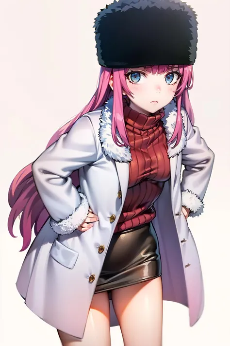 anya_olis, 1girl, solo, pink hair, long hair, fur hat, blue eyes, fur-trimmed coat, open coat, turtleneck sweater, pencil skirt, looking at viewer, frown, hands on hips
BREAK
white background
<lora:Anya_TsukiToLaikaToNosferatu_v1:1>