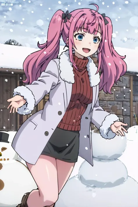 anime screencap, anya_olis, 1girl, solo, pink hair, long hair, twintails, hair bow, blue eyes, open coat, fur-trimmed coat, turtleneck sweater, pencil skirt, open mouth, smile, :d, running, outstretched arms
BREAK
(snowing, snow, snowman, winter:1.3), bare tree
<lora:Anya_TsukiToLaikaToNosferatu_v1:1>