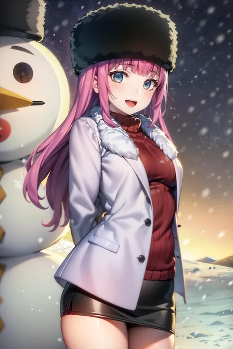 anya_olis, 1girl, solo, pink hair, long hair, fur hat, blue eyes, open coat, fur-trimmed coat, turtleneck sweater, pencil skirt, looking at viewer, open mouth, smile, arms behind back
BREAK
(snowing, snow, blizzard, snowman, winter:1.3), bare tree
BREAK
night, night sky
<lora:Anya_TsukiToLaikaToNosferatu_v1:1>