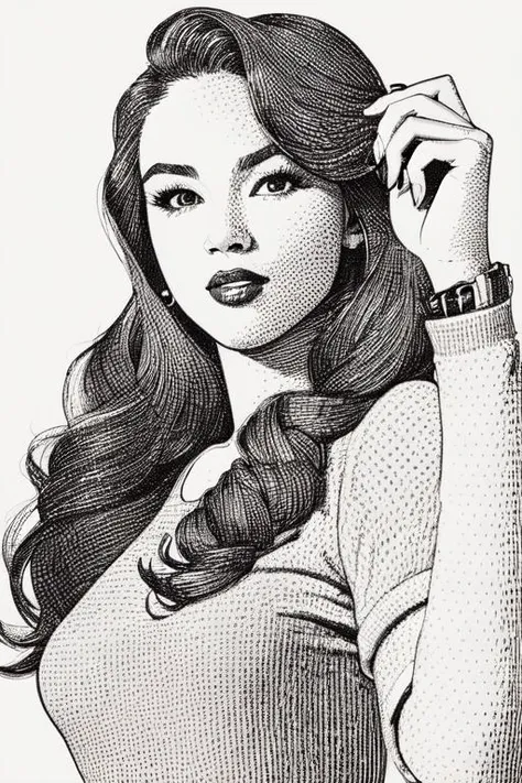 <lora:envybetterhandsLocon_alpha3:1>,  <lora:bwpointillism_1:.6>, pointillism,  , a young woman looking fine, lineart, drawing <lora:HedcutTest2:.5>, in hedcut style