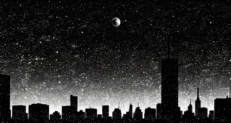 futuristic cityscape silhouette, (space elevator:1.3) in the background, retrowave synthwave, wide angle, volumetric lighting, complex foreground, posterized, black & white pointillism art style painting, intricate details, <lora:bwpointillism_1:1>