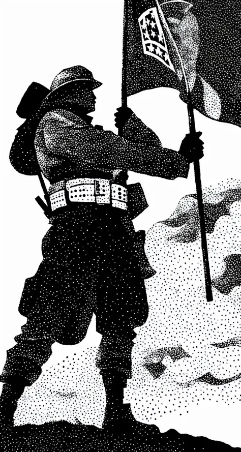 soldier holds big flagpole with flag, black & white pointillism art style, full height, full body shot, <lora:bwpointillism_1:1>