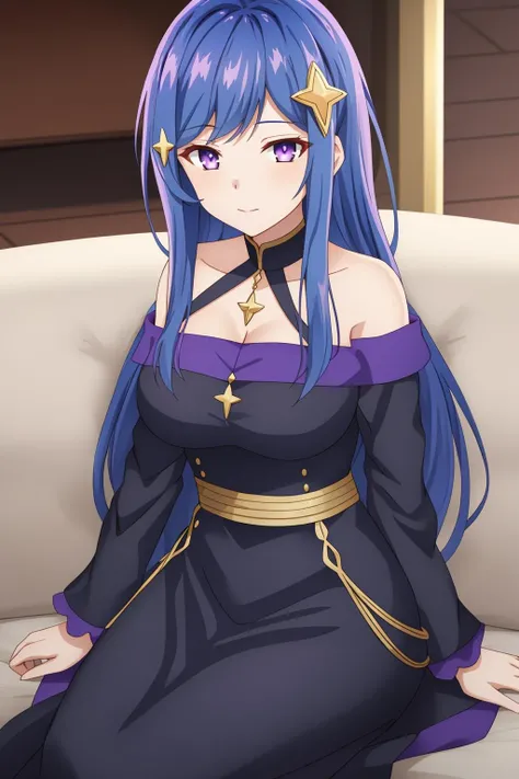 maha, 1girl, solo, long_hair, breasts, looking_at_viewer, bangs, medium_breasts, blue_hair, purple_eyes, sidelocks, shiny, star_hair_ornament, sitting, long_dress, black_dress