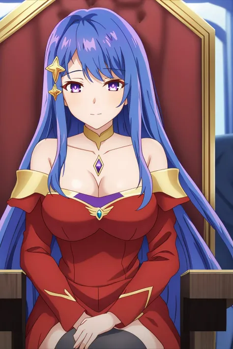 maha, 1girl, solo, long_hair, breasts, looking_at_viewer, bangs, medium_breasts, blue_hair, purple_eyes, sidelocks, star_hair_ornament, sitting, long_dress, red_dress, black_stockings, throne, head_rest