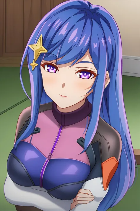 maha, 1girl, solo, long_hair, breasts, looking_at_viewer, bangs, medium_breasts, blue_hair, purple_eyes, sidelocks, star_hair_ornament, indoor, dva_\(overwatch\)_cosplay