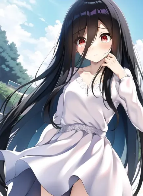 ((masterpiece)),(best quality), <lora:Sadakobest:0.9>, sadako_yamamura, white dress, red eyes, <lora:windLift_v10:1>,wind, ((wind lift)), dress, dress lift,embarrassed,