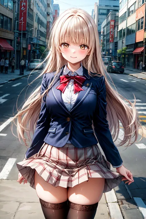 (masterpiece,ultra-detailed,best quality,8K,CG,illustration,shaved:1.2), outdoors, standing, tokyo \(city\), street, sidewalk, cowboy shot, smile, ((wind:1.4)) ((wind lift:1.4)), ((skirt lifted by wind:1.6)), 
<lora:more_details:0.8>
<lora:breastsizeslideroffset:0.3>
<lora:shiina_mahiru_v1:0.7> amahiru, ((long hair:1.4)), red bowtie, blue jacket, blazer, long sleeves, plaid skirt, brown skirt, ((white thighhighs:1.3)), ((thick thighs:1.2)), 
 <lora:exposure_control_v10:0.2>
 <lora:wind_lift:0.6>