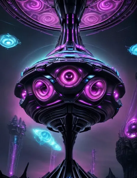 <lyco:DonMF43-000011:1.0> DonMF43 fae Galactic Starcruiser Control Hub, Bio-adaptable Shape-shifting Facades, Tiki Torches with Fire, Neon Lights