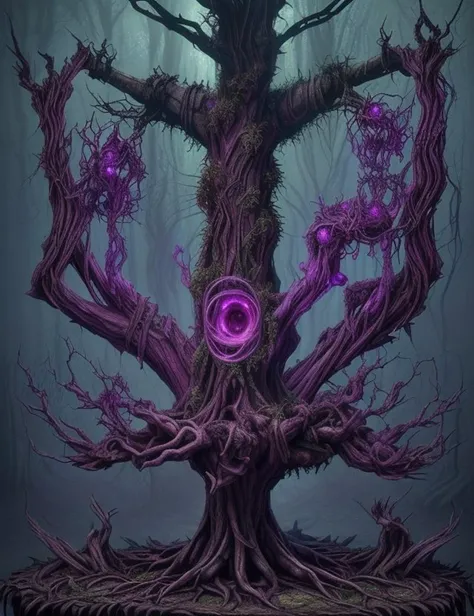 <lyco:DonMF43-000011:1.0> DonMF43 fae Twisted, gnarled trees with sharp thorns and rotting foliage, symbolizing decay and corruption