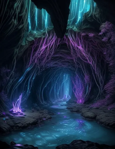 <lyco:DonMF43-000011:1.0> DonMF43 fae A subterranean river, flowing through a dark cave with bioluminescent organisms lighting the way