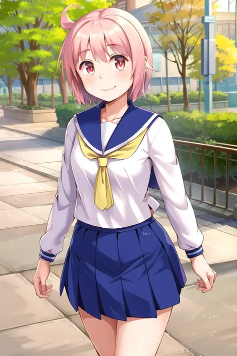 masterpiece, best quality, 1girl, <lyco:Yuzuko_loha_v1.0:1.0>>, nonohara yuzuko, serafuku, sailor collar, neckerchief, skirt, outdoors, smile