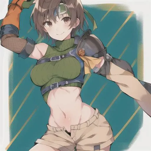 1girl,short hair,headband,navel,sleeveless,turtleneck,brown eyes,sleeveless turtleneck,solo,breasts,looking at viewer,smile,gloves,crop top,brown hair,shorts,midriff,armor,sweater,open fly,fingerless gloves,ribbed sweater,medium breasts,yufi_kisaragi_01 girl,<lora:yufi_kisaragi:1>