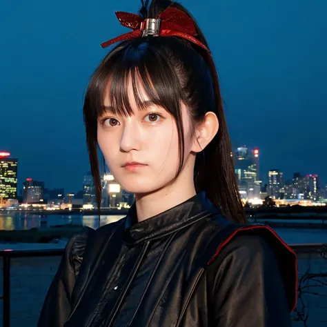 1girl,masterpiece, photorealistic, detailed, RAW color photo,(fully in frame:1.1) <lora:suzukav4:1>suzuka nakamoto, young,idol, cute, bangs, ponytail, black makeup,black outfit, night, buildings around