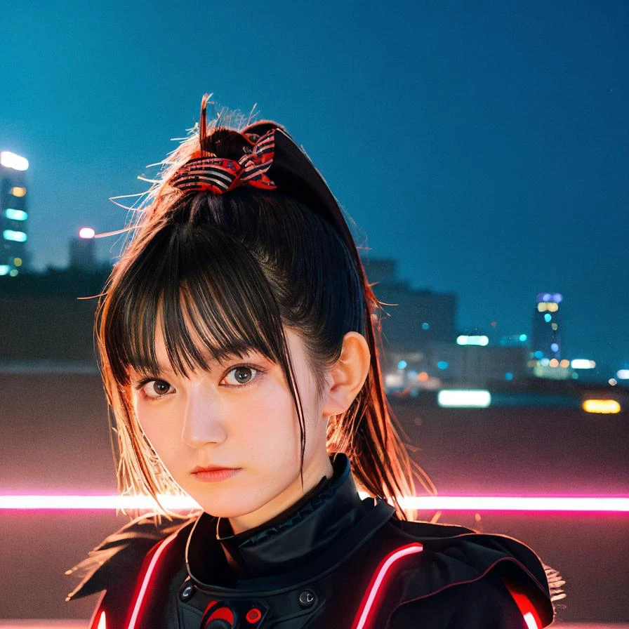 1girl,masterpiece, photorealistic, detailed, RAW color photo,(fully in frame:1.1) <lora:suzukav4:1>suzuka nakamoto, young,idol, cute, bangs, ponytail, black makeup,black outfit, neon lights, buildings around