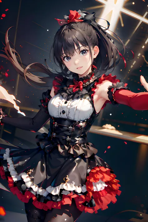 ((top quality,8k wallpaper)),(masterpiece,best quality:1.2),(high_resolution:1.2),(ultra details:1.2),extreme quality,sharp focus,detailed face+eyes,(bright colors),vivid colors,
perfect face,flawless,clean,professional artwork,famous artwork,cinematic bloom,
detailed hair,intricate detail,(detailed realistic background:1.3),
1girl,<lora:suzuka nakamoto:0.9>,suzuka nakamoto,
cute,black hair,high ponytail,bangs,neat hair,(red ribbon),swaying hair,shiny skin,pearl skin,(skinny body:1.3),
eyeshadow,eyelashes,(sharp eyelashes:1.3),(eyeshadow:1.3),clear eyes,
circlet,jewelry,red choker,red bow,black elbow gloves,
red and black dress,(frills long skirt:1.6),sleeveless,(red frills:1.8),(black frills:1.2),SEE-THROUGH,skin tight,shiny clothes,(thin corset),
black kneehighs,long black footwear,black thighhighs,(black pantyhose:1.6),
(contrapposto dynamic pose),speed action,stage dancer,
simple background,stage lights,gorgeous stage,(abstract graphic LED big screen background),
(cinematic lighting:1.6),Low Angle shooting,super wide lens,
(depth of field:2.2),(dynamic angle:1.3),extreme wide shot,(zooming in:1.2),(close-up face:1.1),(fisheye:0.6),
<lora:breastsizeslideroffset:0.6>,
<lora:weight_slider_v2:-1.4>,
<lora:emotion_happy_slider_v1:1.4>,
<lora:detail_slider_v4:1.2>,
<lora:goodhands_Beta_Gtonero:1.1>,
