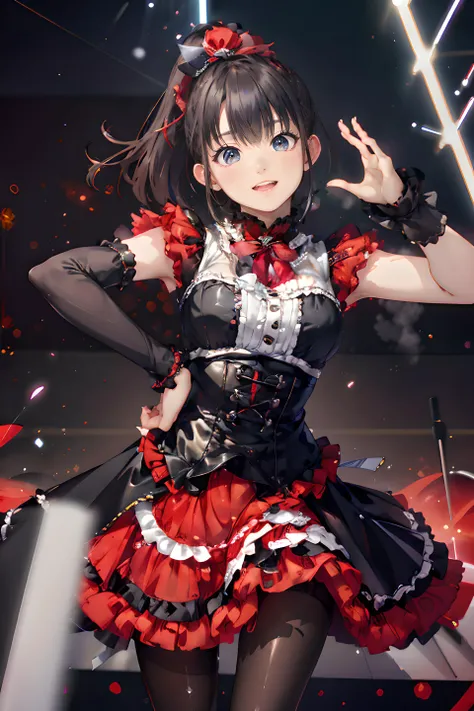 ((top quality,8k wallpaper)),(masterpiece,best quality:1.2),(high_resolution:1.2),(ultra details:1.2),extreme quality,sharp focus,detailed face+eyes,(bright colors),vivid colors,
perfect face,flawless,clean,professional artwork,famous artwork,cinematic bloom,
detailed hair,intricate detail,(detailed realistic background:1.2),
1girl,solo,<lora:suzuka nakamoto:0.9>,suzuka nakamoto,
cute,black hair,high ponytail,bangs,neat hair,(red ribbon),swaying hair,shiny skin,pearl skin,(skinny body:1.3),
eyeshadow,eyelashes,(sharp eyelashes:1.3),(eyeshadow:1.3),clear eyes,
circlet,jewelry,red choker,red bow,black elbow gloves,
red and black dress,(frills long skirt:1.6),sleeveless,(red frills:1.8),(black frills:1.2),SEE-THROUGH,skin tight,shiny clothes,(thin corset),
black kneehighs,long black footwear,black thighhighs,(black pantyhose:1.6),
(contrapposto dynamic pose),speed action,stage dancer,hands on hip,
simple background,stage lights,gorgeous stage,(abstract graphic LED big screen background),
(cinematic lighting:1.6),Low Angle shooting,super wide lens,
(depth of field:2.2),(dynamic angle:1.3),extreme wide shot,(zooming in:1.2),(close-up face:1.4),(fisheye:0.6),(from below:1.3),
<lora:breastsizeslideroffset:0.6>,
<lora:weight_slider_v2:-1.4>,
<lora:emotion_happy_slider_v1:1.4>,
<lora:detail_slider_v4:1.2>,
<lora:goodhands_Beta_Gtonero:1.1>,