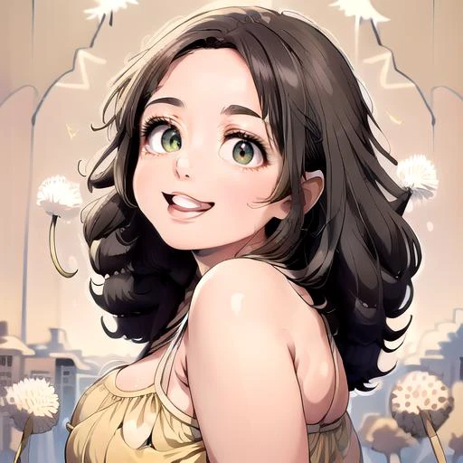 (masterpiece:1.4), high quality, high definition, sharp focus, detailed clothes, detailed body, detailed face, anime, best quality, 4k, 8k, absurd resolution, intricate detail, detailed hands, (detailed eyes:1.3), animation, illustration, highly detailed, highres, extremely detailed, <lora:hyperdenoiser_v090:0.6>, <lora:hyperrefiner_v090:0.6>, <lora:add_detail:0.3>, seductive smile, (large breasts), (parted bangs:1.6), <lora:ETO_OC:0.2> ETO-OC, <lora:ETO_OCC006:0.7>, ETO_OCC, (curly hair:1.3), (long hair:1.1), black hair, thick eyebrows, pale skin, curvy, (plump:1.2), fat, 1girl, (hazel eyes:1.3), smiling, looking at viewer, mature female, open mouth, BREAK <lora:dandelion_seed_v2:0.5> (dandelion seeds floating:1.6), blow, (holding dandelion:1.4), (grabbing dandelion:1.4), sky, (from back), (dandelion:1.6)