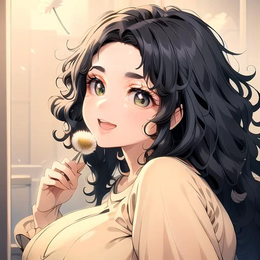 (masterpiece:1.4), high quality, high definition, sharp focus, detailed clothes, detailed body, detailed face, anime, best quality, 4k, 8k, absurd resolution, intricate detail, detailed hands, (detailed eyes:1.3), animation, illustration, highly detailed, highres, extremely detailed, <lora:hyperdenoiser_v090:0.6>, <lora:hyperrefiner_v090:0.6>, <lora:add_detail:0.3>, seductive smile, (large breasts), (parted bangs:1.6), <lora:ETO_OC:0.2> ETO-OC, <lora:ETO_OCC006:0.7>, ETO_OCC, (curly hair:1.3), (long hair:1.1), black hair, thick eyebrows, pale skin, curvy, (plump:1.2), fat, 1girl, (hazel eyes:1.3), smiling, looking at viewer, mature female, open mouth, BREAK <lora:dandelion_seed_v2:0.5> dandelion seed, blow, (holding dandelion), (grabbing dandelion), sky, from side, (dandelion:1.6)