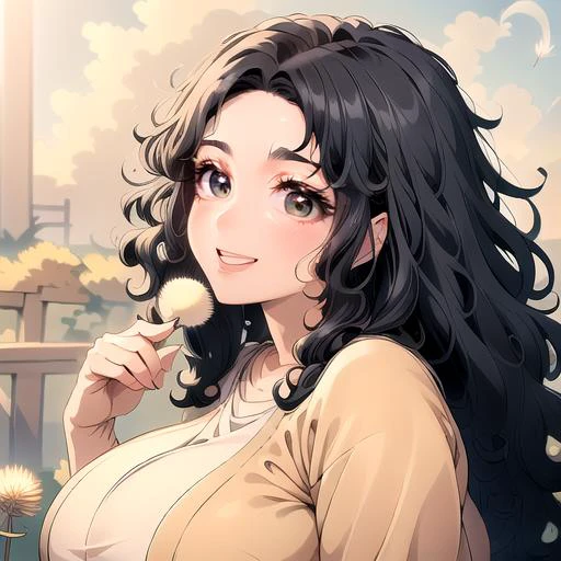 (masterpiece:1.4), high quality, high definition, sharp focus, detailed clothes, detailed body, detailed face, anime, best quality, 4k, 8k, absurd resolution, intricate detail, detailed hands, (detailed eyes:1.3), animation, illustration, highly detailed, highres, extremely detailed, <lora:hyperdenoiser_v090:0.6>, <lora:hyperrefiner_v090:0.6>, <lora:add_detail:0.3>, seductive smile, (large breasts), (parted bangs:1.6), <lora:ETO_OC:0.2> ETO-OC, <lora:ETO_OCC006:0.7>, ETO_OCC, (curly hair:1.3), (long hair:1.1), black hair, thick eyebrows, pale skin, curvy, (plump:1.2), fat, 1girl, (hazel eyes:1.3), smiling, looking at viewer, mature female, open mouth, BREAK <lora:dandelion_seed_v2:0.5> dandelion seed, blow, (holding dandelion), (grabbing dandelion), sky, from side, (dandelion:1.6)