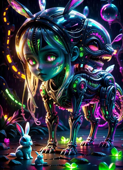 creepy little Japanese alien anime Alice in Wonderland, and her white rabbit pet, intricately detailed photorealism, trending on artstation, neon lights, rainy night, stunning full body anime art by Mark Ryden, subsurface scattering, ultra hd, 4k, high def, Photorealistic, Hyperrealistic, Hyper detailed, analog style, realistic, masterpiece, best quality, ultra realistic, 8k, Intricate, High Detail, film photography, soft lighting, heavy shadow <lora:XL_RMSDXL_Creative:0.8> <lora:XL_DonMSp3ctr4lXL-000008:0.77> DonMSp3ctr4lXL <lora:ral-bnz-sdxl:0.66> ral-bnz, subsurface scattering, ultra hd, 4k, high def, Photorealistic, Hyperrealistic, Hyper detailed, analog style, realistic, masterpiece, best quality, ultra realistic, 8k, Intricate, High Detail, film photography, soft lighting, heavy shadow