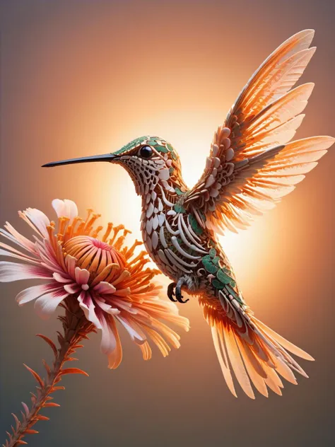 A hummingbird in mid-flight, its feathers intricately detailed with ral-bnz filigree, hovering near a radiant, otherworldly flower under the soft glow of dawn. <lora:ral-bnz-sdxl:1>, <lora:EnvyBetterHiresFixXL01:0:hr=1>