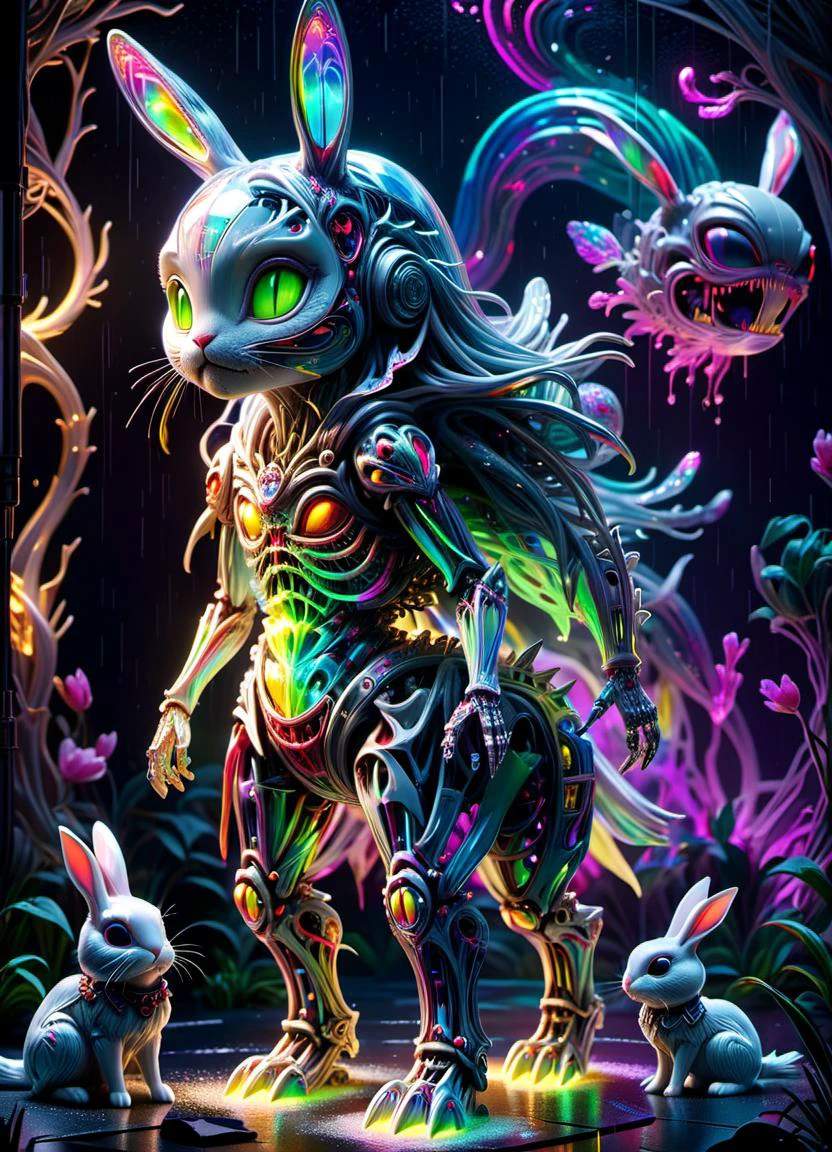 cute little Japanese (alien:0.9) anime Alice in Wonderland, and her white rabbit pet, (standing:1.2), intricately detailed photorealism, trending on artstation, neon lights, rainy night, stunning full body anime art by Mark Ryden, subsurface scattering, ultra hd, 4k, high def, Photorealistic, Hyperrealistic, Hyper detailed, analog style, realistic, masterpiece, best quality, ultra realistic, 8k, Intricate, High Detail, film photography, soft lighting, heavy shadow <lora:XL_RMSDXL_Creative:0.8> <lora:XL_DonMSp3ctr4lXL-000008:0.77> DonMSp3ctr4lXL <lora:ral-bnz-sdxl:0.66> ral-bnz, subsurface scattering, ultra hd, 4k, high def, Photorealistic, Hyperrealistic, Hyper detailed, analog style, realistic, masterpiece, best quality, ultra realistic, 8k, Intricate, High Detail, film photography, soft lighting, heavy shadow