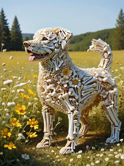 there is a dog made out of bones in a field of flowers