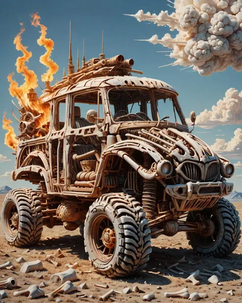 scene art designed by Fritz Scholder, Drawing, Ukrainian (3 wheeled vehicle:1.3) , Large and Repulsive, it is detailed with Quartz details, it is covered in Fire, Sun in the sky, shallow depth of field, Synthpunk, 80mm, Offset print, 8K, absurdres, <lora:ral-bnz:1> ral-bnz