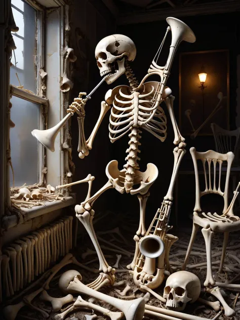 A whimsical ral-bnz skeleton playing the trombone, its ral-bnz bones creating a symphony of eerie, melodic sounds in an abandoned jazz club. <lora:ral-bnz-sdxl:1>, <lora:EnvyBetterHiresFixXL01:0:hr=1>