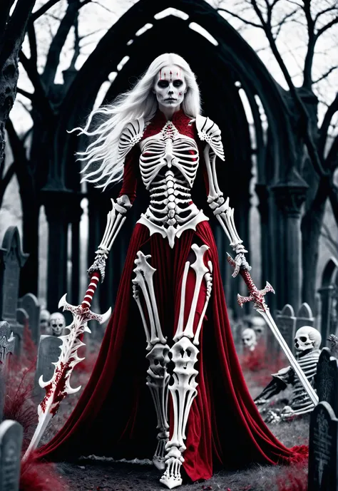 cinematic photo [ :(b&w, Monochromatic, Film Photography:1.3):0.25], full body female made of ral-bnz, walking pose, (undead queen:1.1), pale, spear, (blood on weapon:1.2), (crimson red and grey intricate skeletal armor:1.3), exposed rib cage, long white hair, fantasy, 8k, graveyard background, ghost, spirit . 35mm photograph, film, bokeh, professional <lora:ral-bnz-sdxl:0.8>